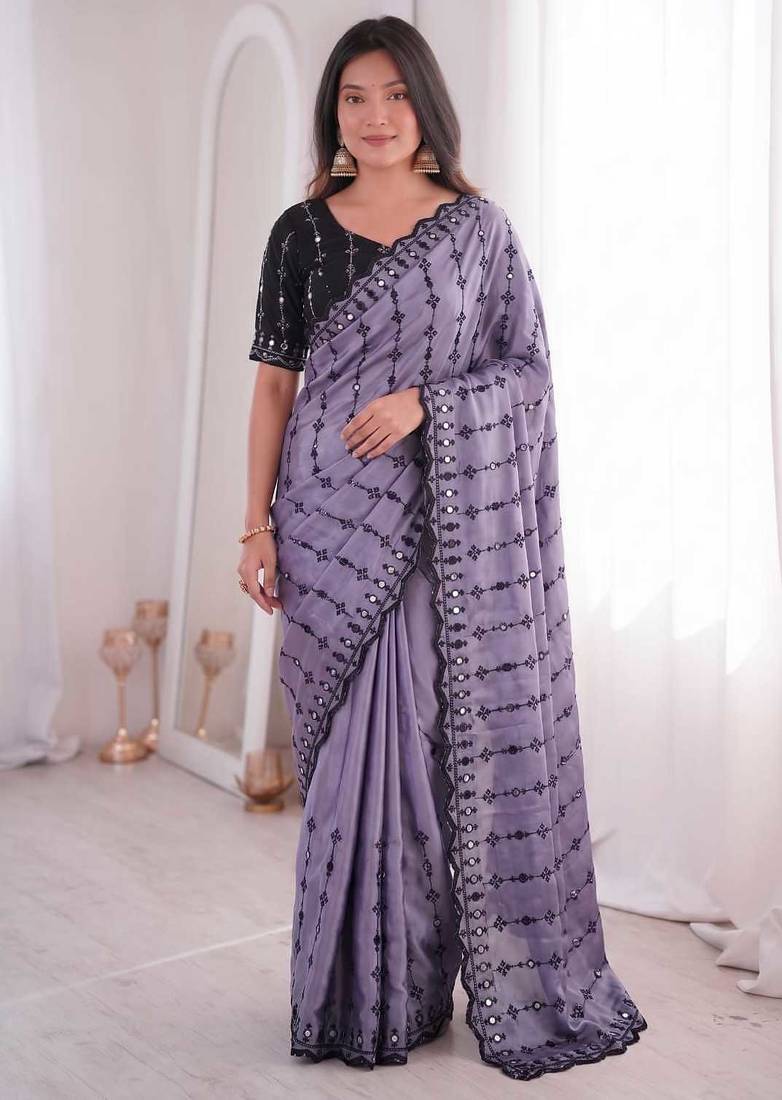 Viscose rangoli saree with floral embroidery & real mirror work border