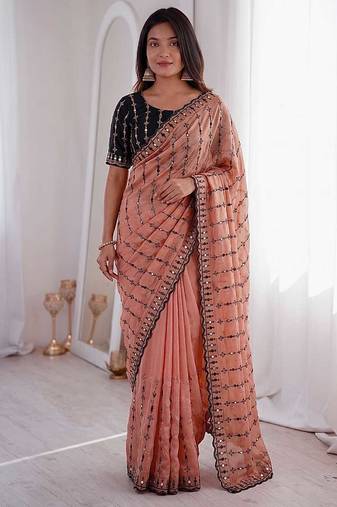 Viscose rangoli saree with floral embroidery & real mirror work border