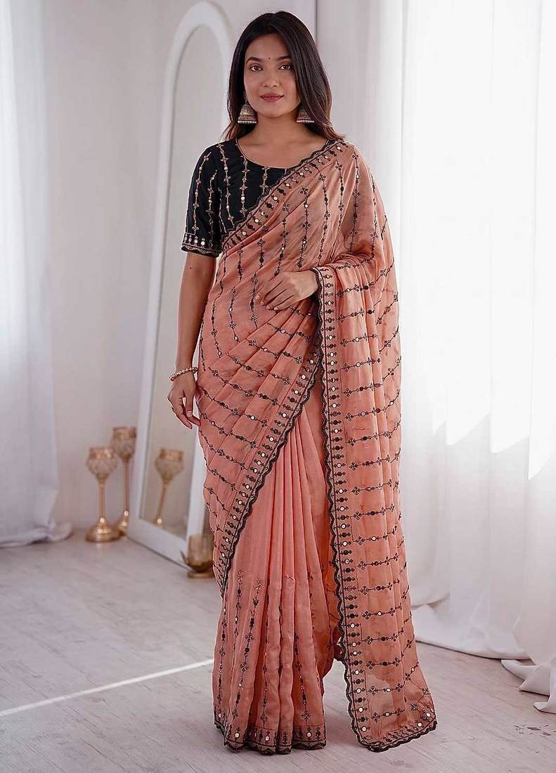 Viscose rangoli saree with floral embroidery & real mirror work border