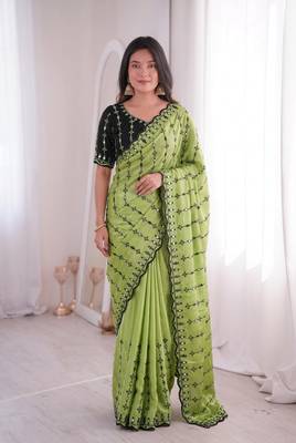 Viscose rangoli saree with floral embroidery & real mirror work border 1