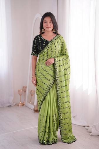Viscose rangoli saree with floral embroidery & real mirror work border