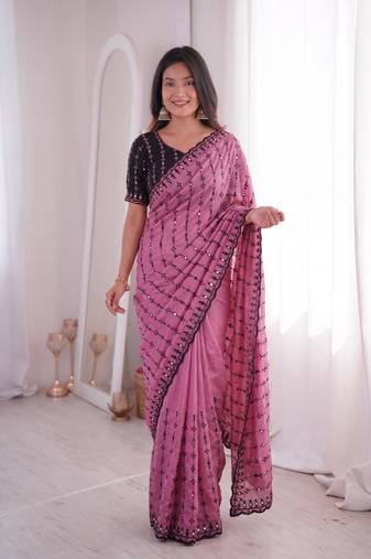 Viscose rangoli saree with floral embroidery & real mirror work border