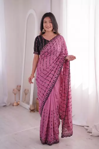 Viscose rangoli saree with floral embroidery & real mirror work border