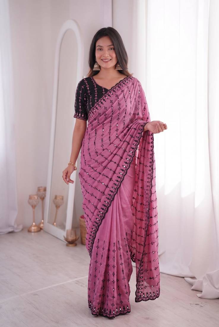 Viscose rangoli saree with floral embroidery & real mirror work border