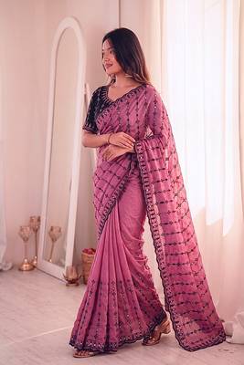 Viscose rangoli saree with floral embroidery & real mirror work border 2