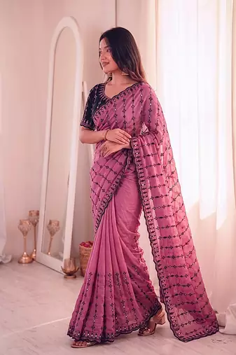 Viscose rangoli saree with floral embroidery & real mirror work border