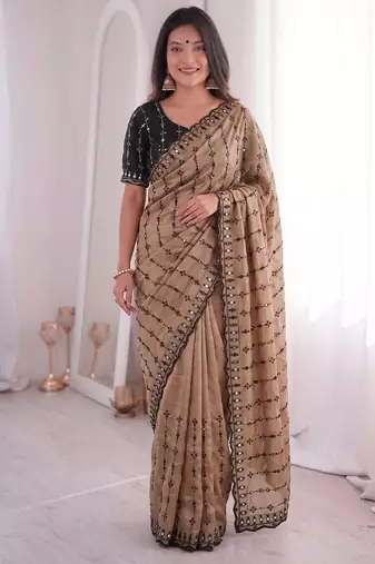 Viscose rangoli saree with floral embroidery & real mirror work border