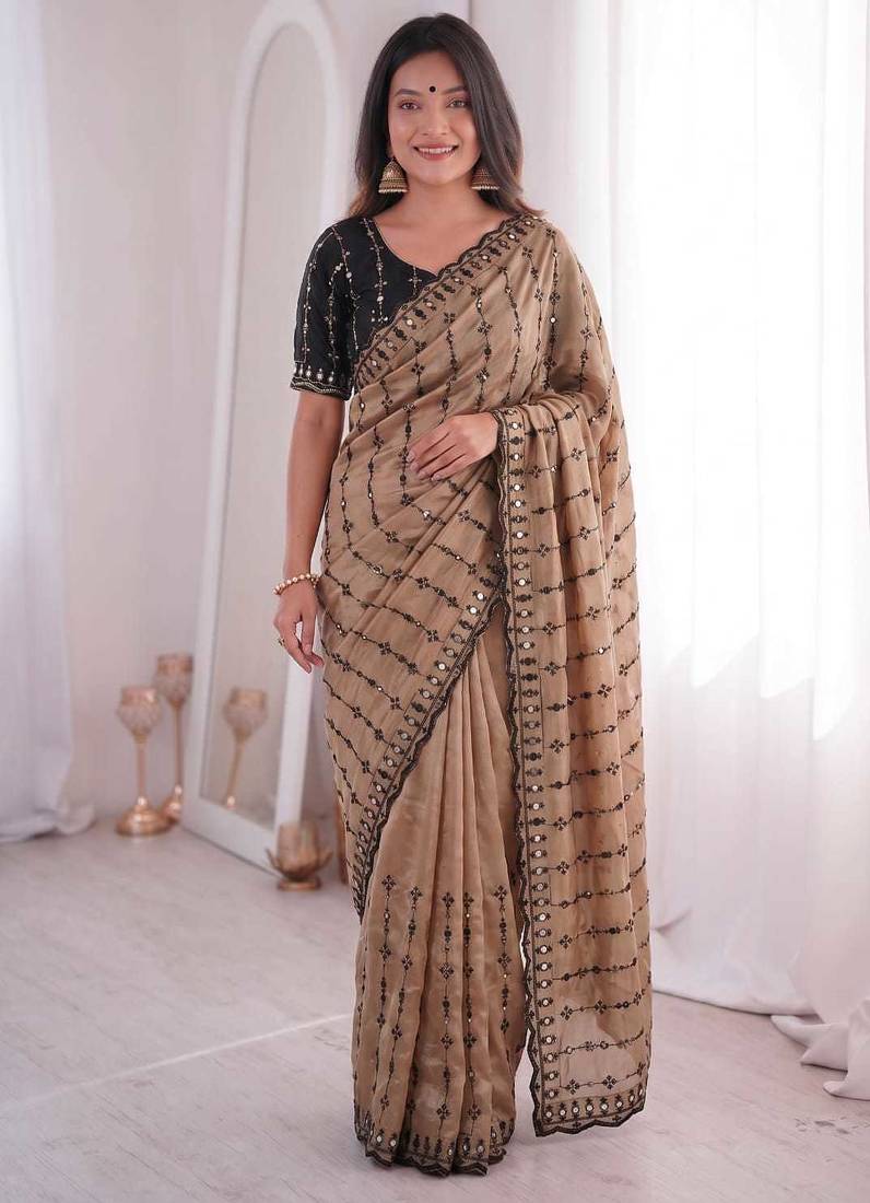 Viscose rangoli saree with floral embroidery & real mirror work border