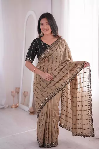 Viscose rangoli saree with floral embroidery & real mirror work border