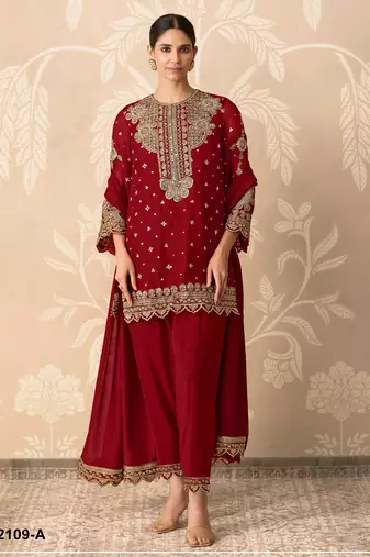 Red color embroideried faux georgette semi stitched salwar suit