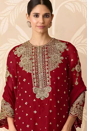 Red embroidered faux georgette salwar suit