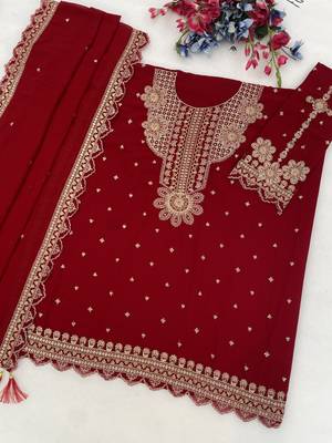 Red embroidered faux georgette salwar suit 3