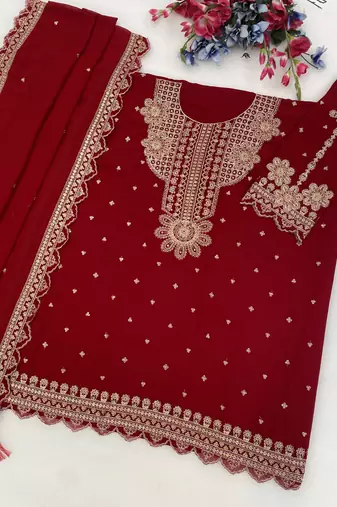 Red embroidered faux georgette salwar suit