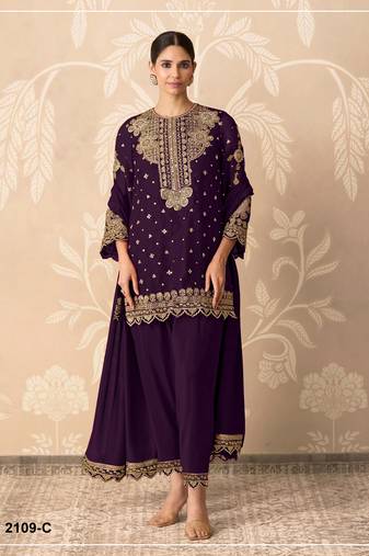 Purple color embroideried faux georgette semi stitched salwar suit
