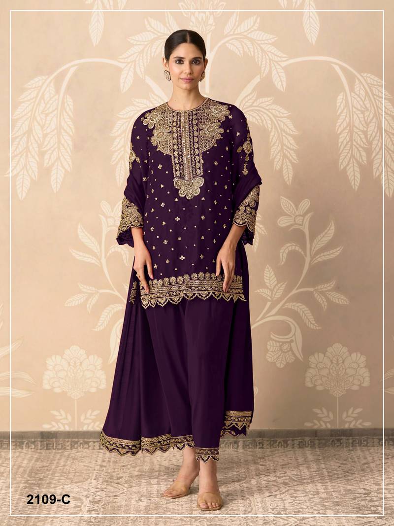 Purple color embroideried faux georgette semi stitched salwar suit