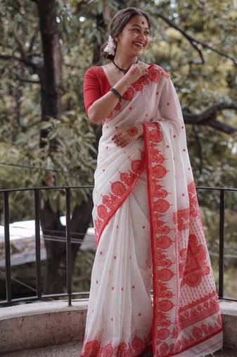 Durga puja special bengali silk blend saree in red & white combination