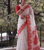 Durga puja special bengali silk blend saree in red & white combination