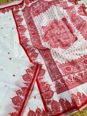 Durga puja special bengali silk blend saree in red & white combination 4