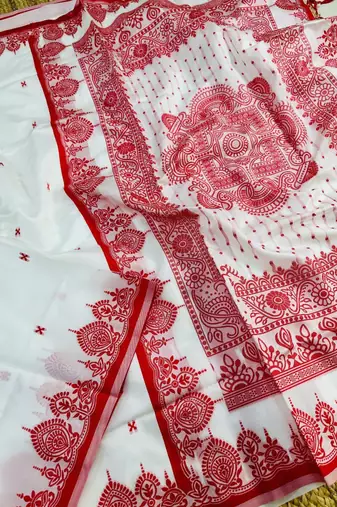 Durga puja special bengali silk blend saree in red & white combination