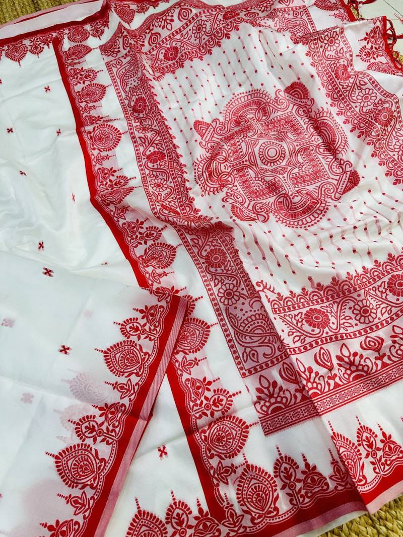 Durga puja special bengali silk blend saree in red & white combination
