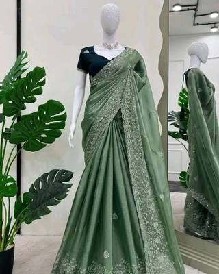 Olive Color Embroidery work  chiffon saree  1