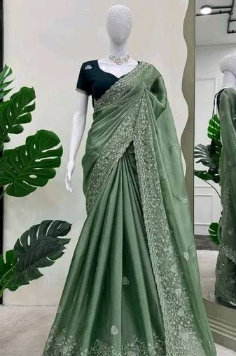 Olive Color Embroidery work  chiffon saree 
