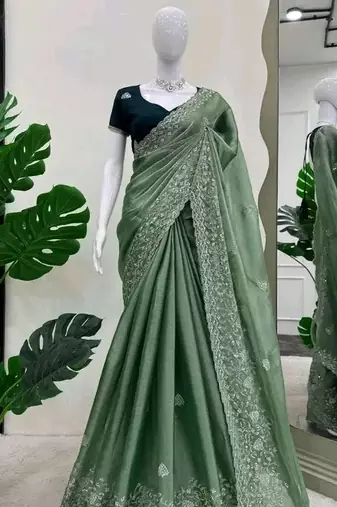 Olive Color Embroidery work  chiffon saree 