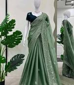 Olive Color Embroidery work  chiffon saree 
