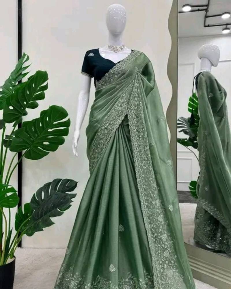 Olive Color Embroidery work  chiffon saree 