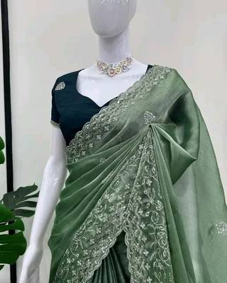 Olive Color Embroidery work  chiffon saree  2