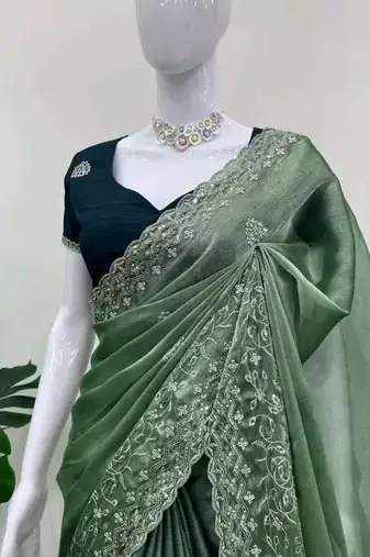 Olive Color Embroidery work  chiffon saree 