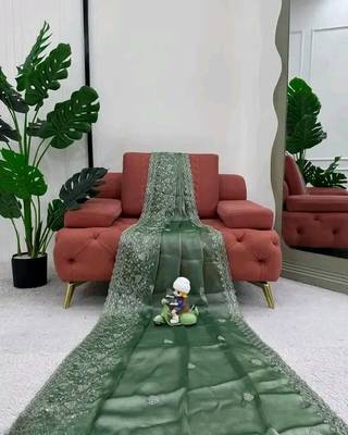 Olive Color Embroidery work  chiffon saree  3