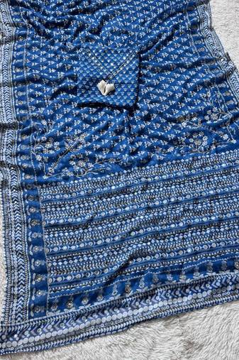 Blue Color khatali handwork katdana and real mirror work  Georgette Saree