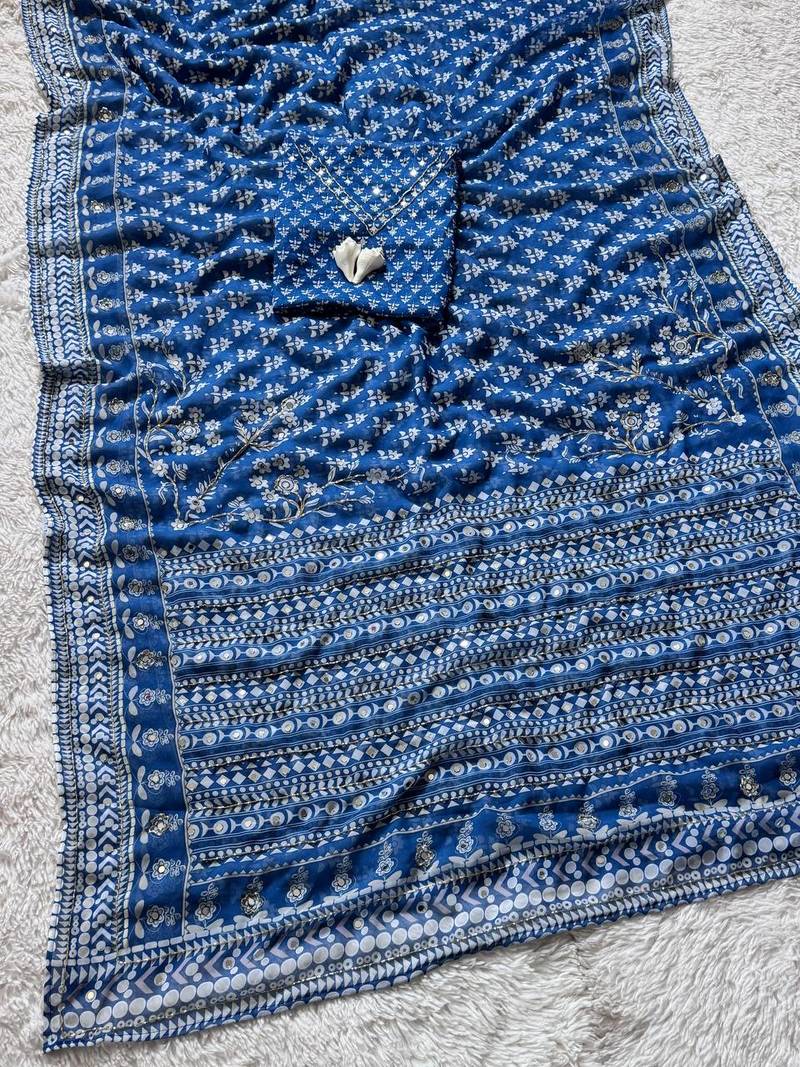 Blue Color khatali handwork katdana and real mirror work  Georgette Saree