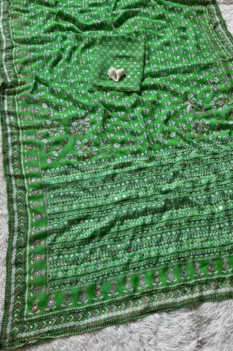 Green  Color khatali handwork katdana and real mirror work  Georgette Saree