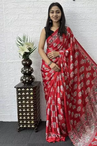 Red Color Mirror Work  Satin Silk Saree