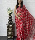 Red Color Mirror Work  Satin Silk Saree
