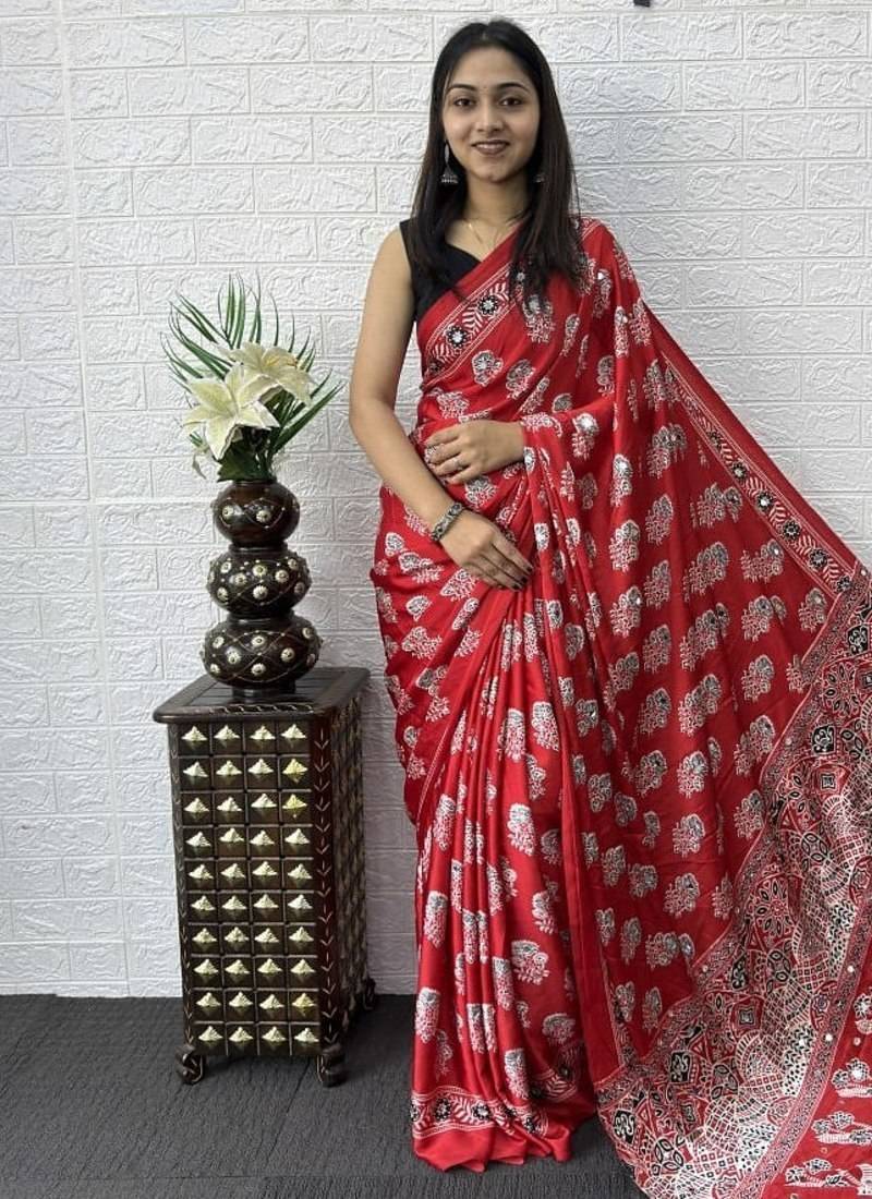 Red Color Mirror Work  Satin Silk Saree
