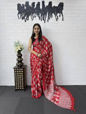 Red Color Mirror Work  Satin Silk Saree 3
