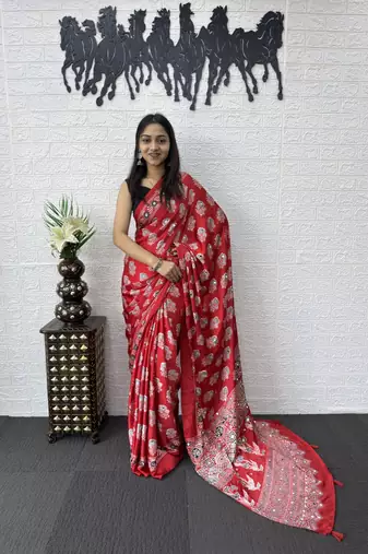 Red Color Mirror Work  Satin Silk Saree