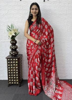 Red Color Mirror Work  Satin Silk Saree 3