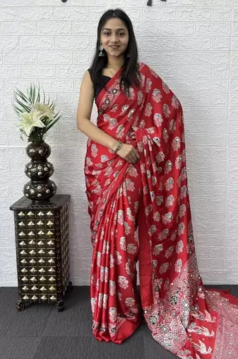 Red Color Mirror Work  Satin Silk Saree