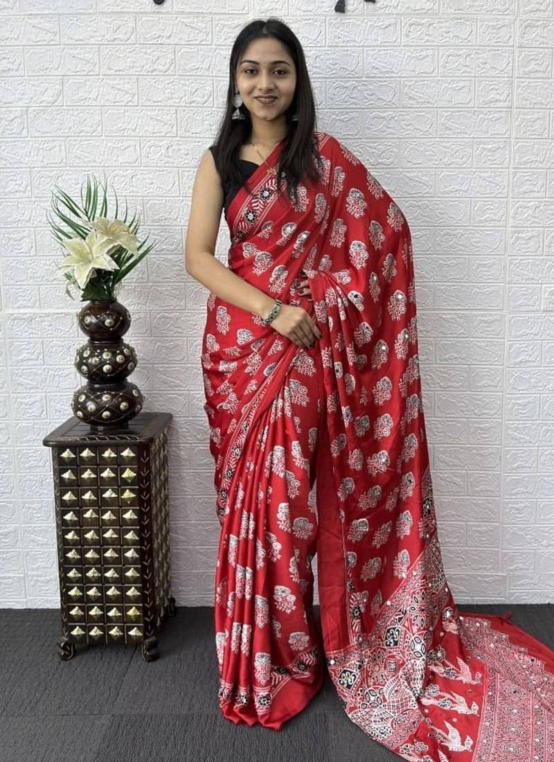 Red Color Mirror Work  Satin Silk Saree