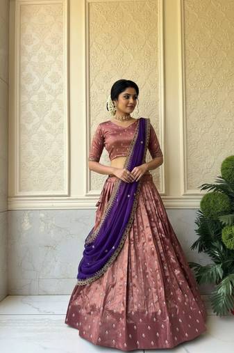 Brown Womens Zari Weaving Work Lehenga Choli Set