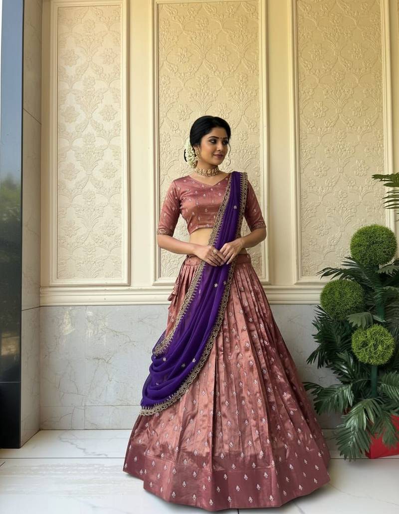 Brown Womens Zari Weaving Work Lehenga Choli Set