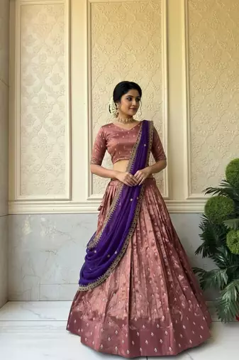 Brown Womens Zari Weaving Work Lehenga Choli Set