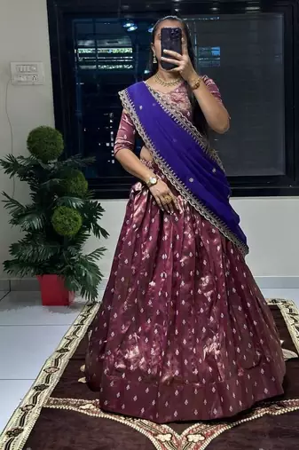 Brown Womens Zari Weaving Work Lehenga Choli Set