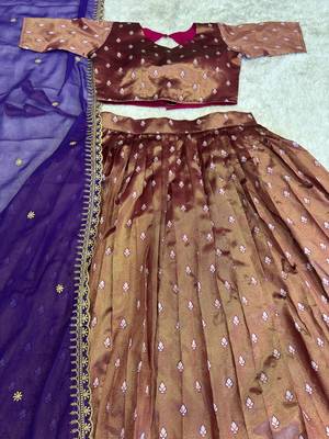 Brown Womens Zari Weaving Work Lehenga Choli Set 4