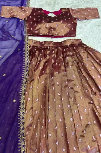 Brown Womens Zari Weaving Work Lehenga Choli Set