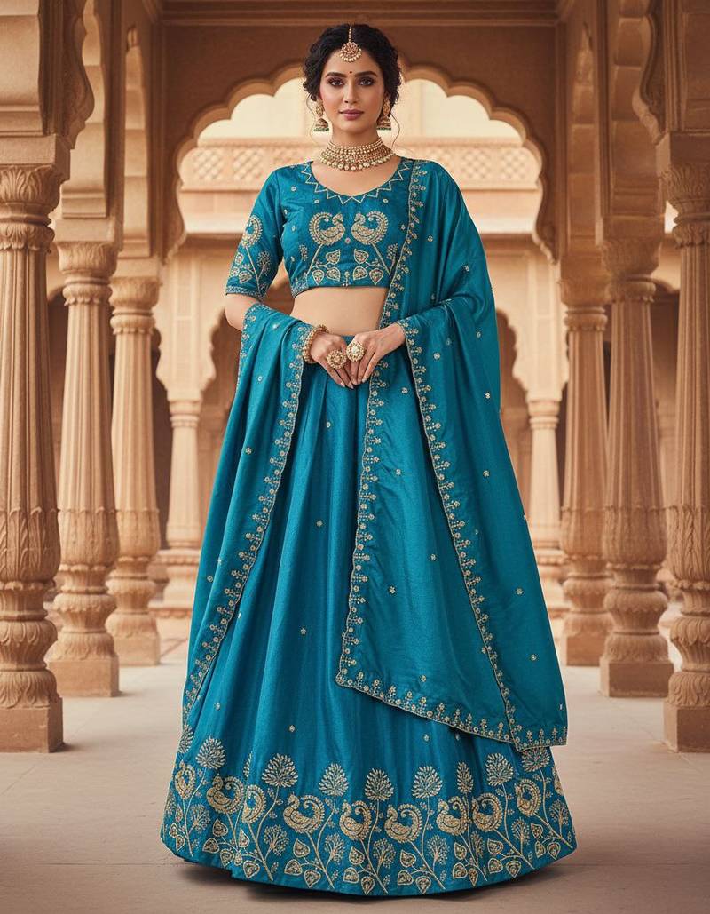 Blue Womens designer Lehenga Choli with Embroidered Dupatta